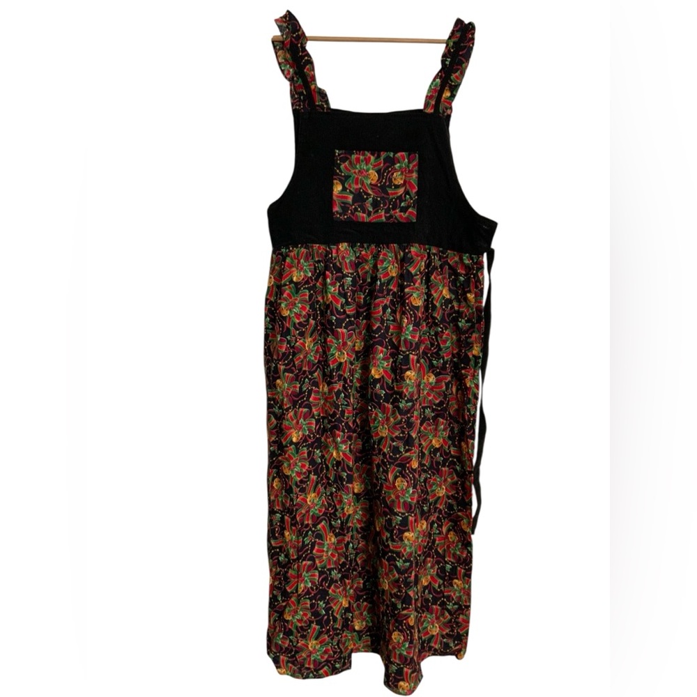 90s Festive Holiday Gold Ribbon Black Corduroy C.W. Rose Overall